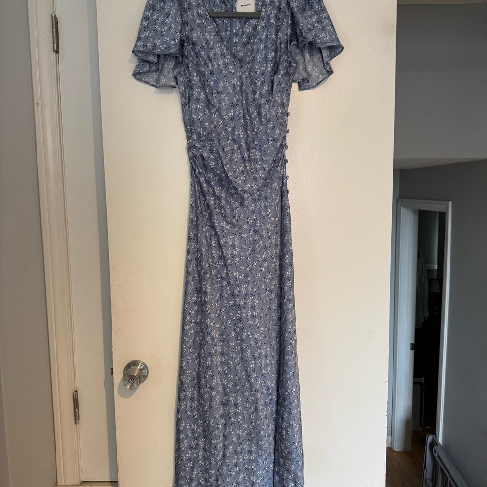 Reformation Blue Flutter Sleeve Maxi Dress for Wedding Guest